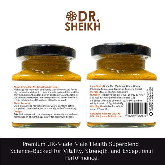 DrSheikh Medicinal Grade Honey plus TURMERIC (Curcumin) 150g Glass Jar.