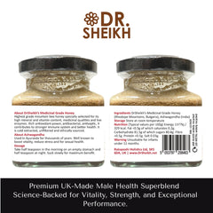 DrSheikh Medicinal Grade Honey plus Ashwagandha. 150g Glass Jar.