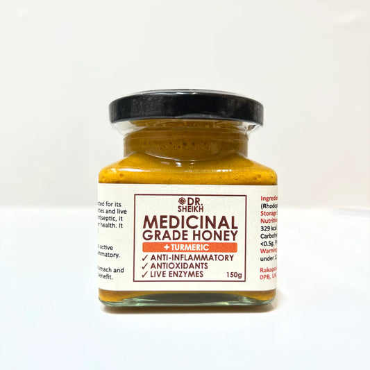 DrSheikh Medicinal Grade Honey plus TURMERIC (Curcumin) 150g Glass Jar.