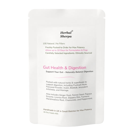 Herbal Sherpa-Gut health, Constipation, Restore Digestion. Leaky Gut Repair. Gas & Bloating Relief. Made to Order in 7 Days. 30-Day Supply.