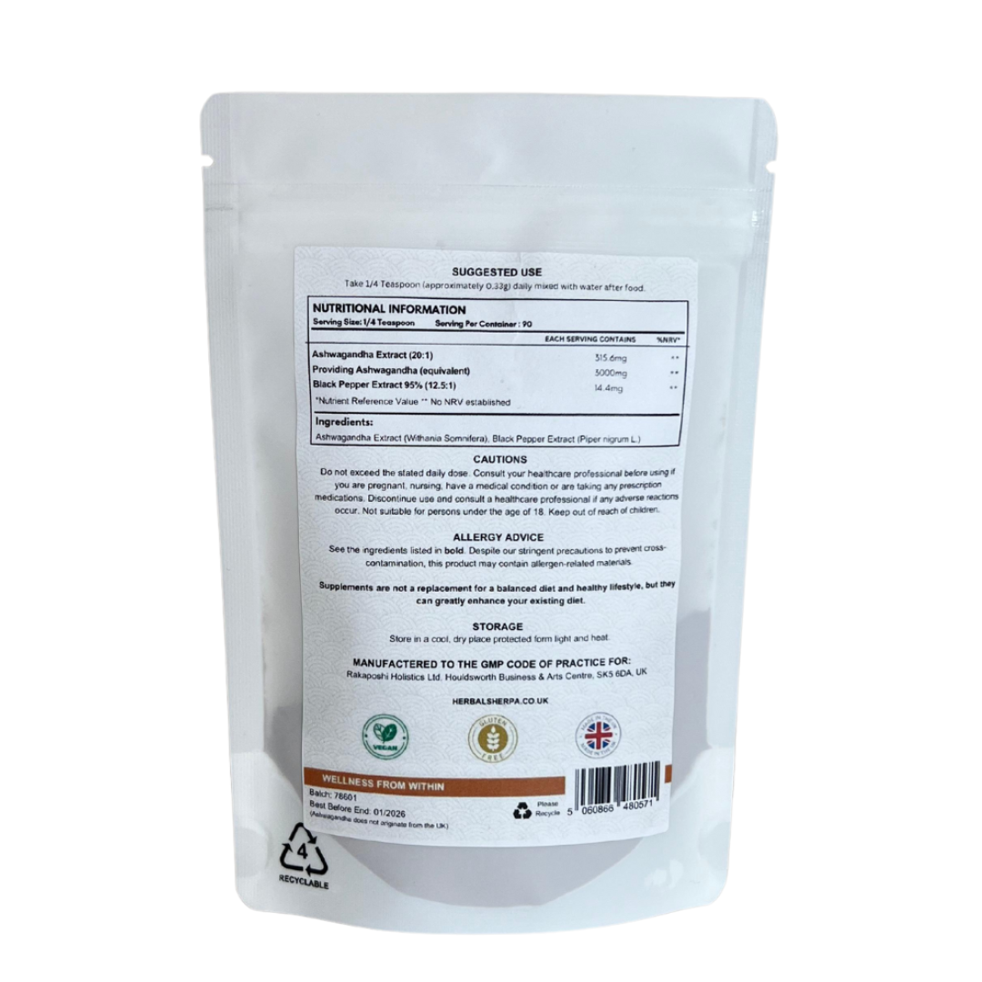 Organic Ashwagandha Extract Powder (High Strength) with Black Pepper ...